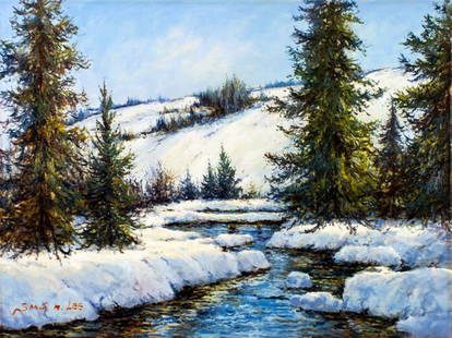 Sang M Lee (South Korea,US,b 1949) oil painting: ARTIST: Sang M Lee (South Korean, American, born 1949) TITLE: Winter Stream Landscape MEDIUM: oil on canvas CONDITION: Unstretched (In-House stretching available). Overall g