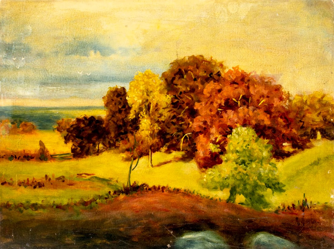 Antique early 20C American oil painting signed: ARTIST: - (American, early 20 century) TITLE: Autumn Landscape MEDIUM: oil on board CONDITION: Few minor scratches/paint losses mostly along edges. No visible inpaint unde