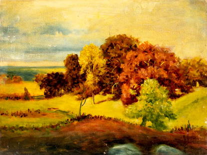 Antique early 20C American oil painting signed: ARTIST: - (American, early 20 century) TITLE: Autumn Landscape MEDIUM: oil on board CONDITION: Few minor scratches/paint losses mostly along edges. No visible inpaint under UV light. ART SIZE: 12 x