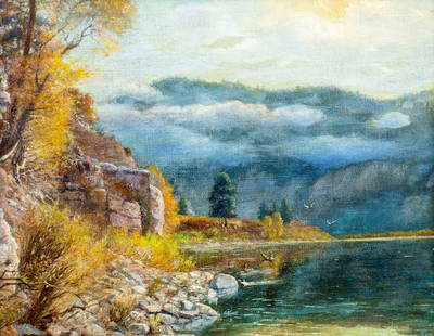 Antique early 20C American oil painting signed: ARTIST: - (American, early 20 century) TITLE: Autumn Lake Landscape MEDIUM: oil on canvas CONDITION: Relined. Few minor paint losses. Very minor craquelure. One inpainting (2 1/2" x 1/4"). Wear to