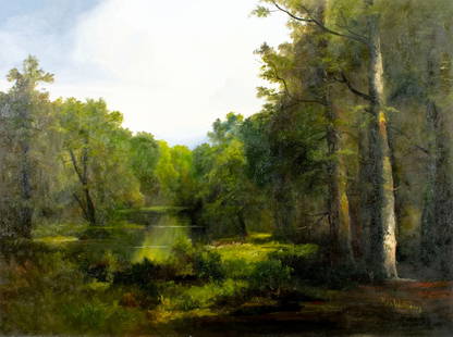 Ron Williams (TN,1947-2016) oil painting: ARTIST: Ron Williams (Tennessee, 1947 - 2016) TITLE: Forest Lake Landscape MEDIUM: oil on canvas CONDITION: Few minor scratches/paint losses. No visible inpaint under UV