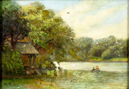 G L Martin (US,19C) oil painting antique: ARTIST: G L Martin (American, 19 century) TITLE: River Landscape with Boat YEAR: 1895 MEDIUM: oil on canvas CONDITION: Few small patches and some repaire