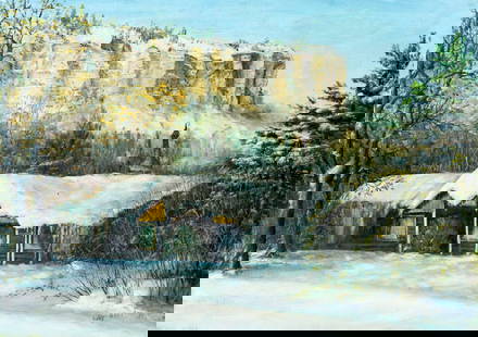 Ruby Rhoads (US,20C) oil painting: ARTIST: Ruby Rhoads (American, 20 century) TITLE: Winter Mountain Landscape YEAR: 1977 MEDIUM: oil on canvas board CONDITION: Very good. No visible inpaint under UV light. ART SIZE: 14 x 20 inches /