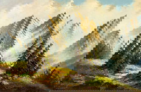 Rudolf Adamek (Europe,20C) oil painting: ARTIST: Rudolf Adamek (European, 20 century) TITLE: Mountain Landscape MEDIUM: oil on canvas CONDITION: Unstretched (In-House stretching available). Few very minor paint los