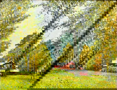 V M Novikov (Russia,20C) oil painting: ARTIST: V M Novikov (Russian, 20 century) TITLE: Country House Landscape (titled on verso) YEAR: 1990 MEDIUM: oil on canvas CONDITION: Few small paint lo