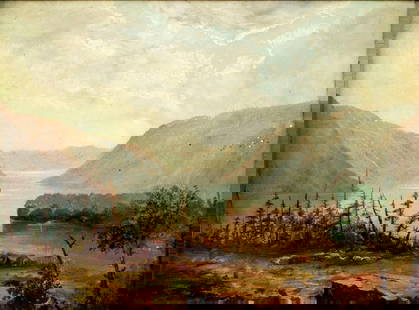 Antique early 20C European oil painting: ARTIST: - (European, early 20 century) TITLE: Mountain Lake Landscape MEDIUM: oil on board CONDITION: Minor scratches/paint losses. No visible inpaint under UV light. Some