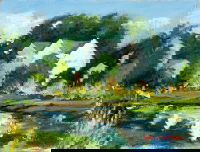 Robert Waltsak (NJ,b 1944) oil painting: ARTIST: Robert Alan Waltsak (New Jersey, born 1944) TITLE: Village River Landscape with Houses MEDIUM: oil on canvas CONDITION: Overall good. No visible inpaint under UV lig