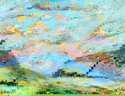 Hildegarde Hamilton (FL,VA,1898-1970) oil painting: ARTIST: Hildegarde Hume Hamilton (Florida, Virginia, 1898 - 1970) TITLE: Sunset Castle Landscape MEDIUM: oil on canvas CONDITION: Some flaking/paint losses (see pictures c