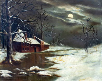 Antique early 20C American oil painting: ARTIST: - (American, early 20 century) TITLE: Moonlit Winter Landscape MEDIUM: oil on canvas board CONDITION: Minor craquelure. No visible inpaint under UV light. Normal wear along edges. ART SIZE: