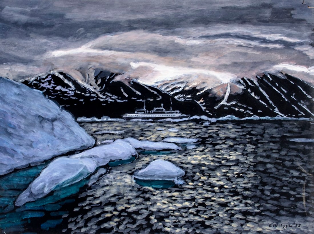 Evelyn Metzger (NY,Brazil,1911-2007) oil painting: ARTIST: Evelyn Borchard Metzger (New York, Brazilian, 1911 - 2007) TITLE: Arctic Icebergs (titled on verso) YEAR: 1995 MEDIUM: oil on board CONDITION: Mi