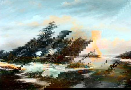 G Lechner (Europe,20C) oil painting: ARTIST: G Lechner (European, 20 century) TITLE: Winter Village Landscape MEDIUM: oil on canvas CONDITION: Unstretched (In-House stretching available). Two punctures by the lower right corner. Some