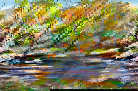 John Reilly (NY,NJ,1942-2021) oil painting: ARTIST: John Reilly (New York, New Jersey, 1942 - 2021) TITLE: Autumn Forest Stream Landscape MEDIUM: oil on board CONDITION: Minor damages to corners. Some scratches/pain