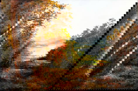 Ron Williams (TN,1947-2016) oil painting: ARTIST: Ron Williams (Tennessee, 1947 - 2016) TITLE: Autumn Lake Landscape MEDIUM: oil on canvas CONDITION: Very good. No visible inpaint under UV light. Wear to frame.