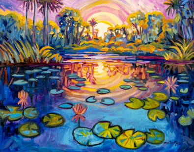 Monika Jones (US,20/21C) oil painting: ARTIST: Monika Jones (American, 20/21 centuries) TITLE: Sunrise River Landscape MEDIUM: oil on canvas CONDITION: Missing a few flakes of paint. No visible inpaint under UV light. ART SIZE: 22 x 28
