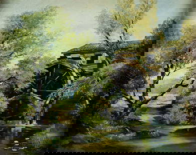 Robby (US,mid 20C) oil painting: ARTIST: Robby (American, mid 20 century) TITLE: Watermill Landscape YEAR: 1950 MEDIUM: oil on canvas CONDITION: One patch. Few small scratches/paint loss