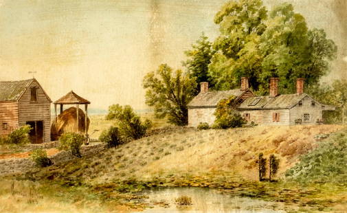 Granville Perkins (NY,MD,1830-1895) watercolor painting antique: ARTIST: Granville Perkins (New York, Maryland, 1830 - 1895) TITLE: Farm Landscape YEAR: 1895 MEDIUM: watercolor on paper CONDITION: Some age toning. Mi