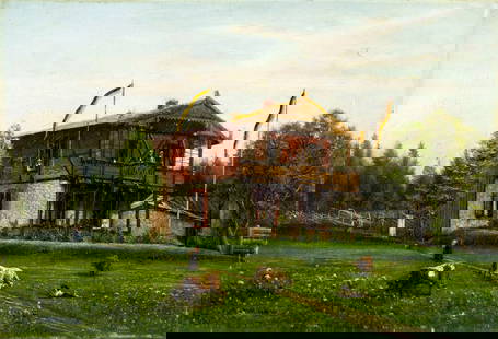 Antique 19C German oil painting signed: ARTIST: - (Germany, 19 century) TITLE: Countryside Landscape with Cottage MEDIUM: oil on canvas CONDITION: Some small paint losses. Some craquelure. Some scattered inpain