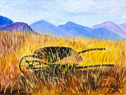 Juanita Sterrens (US,20C) oil painting: ARTIST: Juanita Sterrens (American, 20 century) TITLE: Country Landscape YEAR: 1978 MEDIUM: oil on canvas board CONDITION: Some small damages to lower le