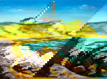Vintage mid 20C American oil painting: ARTIST: - (American, mid 20 century) TITLE: Lighthouse Landscape MEDIUM: oil on canvas board CONDITION: Minor damages to lower right corner. No visible inpaint under UV li