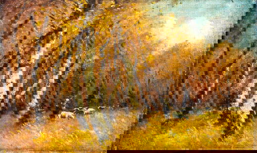 F Alberty (Europe,early 20C) oil painting antique: ARTIST: F Alberty (European,early 20 century) TITLE: Autumn Landscape with Sheep MEDIUM: oil on canvas CONDITION: Few nail holes along edges. No visible inpaint under UV lig