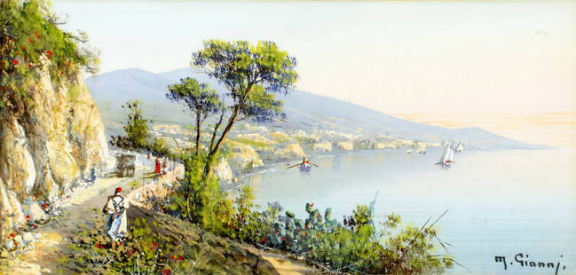 Michele Gianni (Italy,19/20C) gouache painting antique: ARTIST: Michele Gianni (Italian, 19/20 centuries) TITLE: Italian Coastal Landscape MEDIUM: gouache on board CONDITION: Some paint losses (see pictures carefully). Some age toning. Framed under glass.