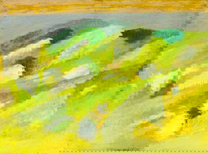 Robert Angeloch (NY,1922-2011) oil painting: ARTIST: Robert Henry Angeloch (New York, 1922 - 2011) TITLE: Island Morning (titled on verso) YEAR: 1961 MEDIUM: oil on board CONDITION: Few minor scra