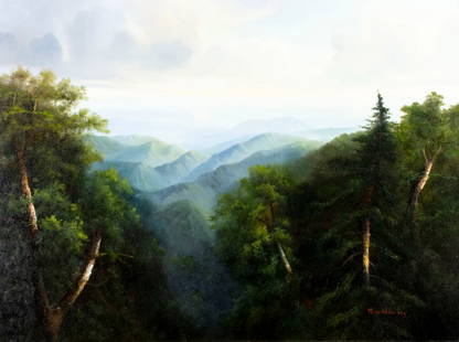 Ron Williams (TN,1947-2016) oil painting: ARTIST: Ron Williams (Tennessee, 1947 - 2016) TITLE: Mountain Landscape MEDIUM: oil on canvas CONDITION: Few minor paint losses. No visible inpaint under UV light. Normal wear along edges. ART
