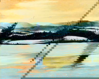 Vintage 20C American oil painting: ARTIST: - (American, 20 century) TITLE: Winter Sunset Landscape MEDIUM: oil on canvas CONDITION: Some scratches/paint losses. No visible inpaint under UV light. Some damages to frame. ART SIZE: 24
