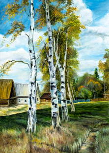 Viktor Ilyushkin (Russia,b 1946) oil painting: ARTIST: Viktor Nikolayevich Ilyushkin (Russian, born 1946) TITLE: Country Landscape with Birch Trees (titled on verso) YEAR: 1974 MEDIUM: oil on canvas CONDITION: