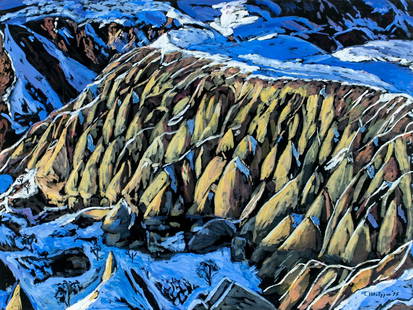 Evelyn Metzger (NY,Brazil,1911-2007) oil painting: ARTIST: Evelyn Borchard Metzger (New York, Brazilian, 1911 - 2007) TITLE: Winter in Cappadocia, Turkey (titled on verso) YEAR: 1995 MEDIUM: oil on board CONDITION: Some faint scratches. No visible
