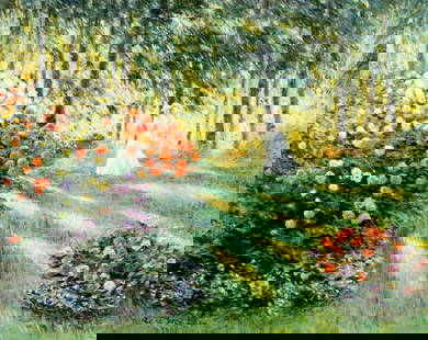 Rene Wei Law (Europe,20C) oil painting: ARTIST: Rene Wei Law (European, 20 century) TITLE: Garden Landscape with Woman in White MEDIUM: oil on canvas CONDITION: Unstretched (In-House stretching available). Missing
