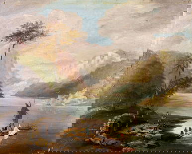 Antique early 20C European oil painting: ARTIST: - (Europe, early 20 century) TITLE: Mountain Lake Landscape with Boats MEDIUM: oil on board CONDITION: Some damages to edges and corners. Some scratches/paint losses. Some craquelure. No