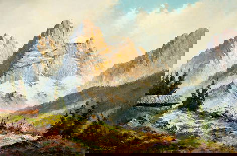 Rudolf Adamek (Europe,20C) oil painting: ARTIST: Rudolf Adamek (European, 20 century) TITLE: Mountain Landscape MEDIUM: oil on canvas CONDITION: Unstretched (In-House stretching available). Overall good. No visible inpaint under UV light.