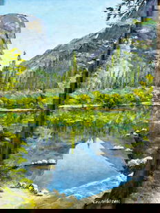 George O Nelson (CA,mid 20C) oil painting: ARTIST: George O Nelson (California, mid 20 century) TITLE: Mirror Lake, Yosemite Park, CA (titled on stretcher) YEAR: 1966 MEDIUM: oil on canvas CONDITION: Missing a few flakes of paint. Very minor