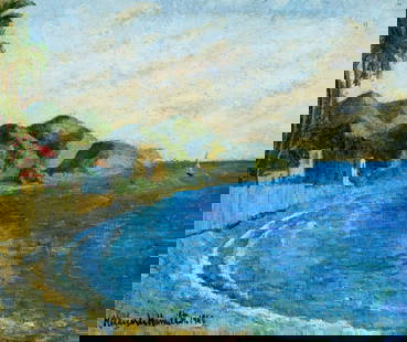 Hildegarde Hamilton (FL,VA,1898-1970) oil painting: ARTIST: Hildegarde Hume Hamilton (Florida, Virginia, 1898 - 1970) TITLE: Landscape - Santa Marta, Colombia (titled on verso) YEAR: 1966 MEDIUM: oil on canvas CONDITION: Few minor paint losses. Very