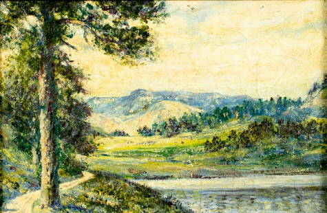Antique 19C American oil painting: ARTIST: - (American, 19 century) TITLE: Hilly Landscape MEDIUM: oil on canvas CONDITION: Minor paint losses. Some craquelure. No visible inpaint under UV light. Wear to frame. ART SIZE: 9 x 13