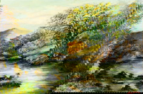 Thomas Kardas (US,mid 20C) oil painting: ARTIST: Thomas Kardas (American, mid 20 century) TITLE: Mountain River Landscape MEDIUM: oil on canvas board CONDITION: Some scratches/paint losses. No visible inpaint under UV light. Some small