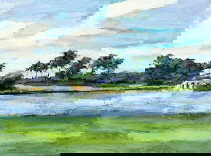 Vintage 20C Florida oil painting: ARTIST: - (Florida, 20 century) TITLE: Florida Landscape MEDIUM: oil on canvas CONDITION: Few small scratches along edges. No visible inpaint under UV light. Normal wear a