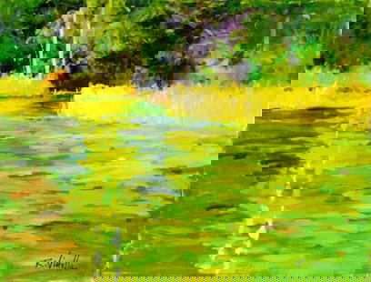 Ray Vinella (NM,1933-2019) oil painting: ARTIST: Ray Vinella (New Mexico, 1933 - 2019) TITLE: River Landscape MEDIUM: oil on canvas CONDITION: Very good. No visible inpaint under UV light. ART SIZE: 12 x 16 inches / 30 x 40 cm FRAME SIZE: