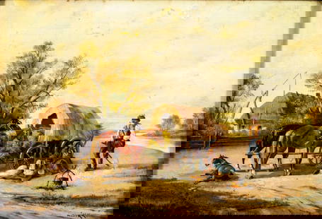 K Novak (Hungary,19C) oil painting antique: ARTIST: K Novak (Hungarian, 19 century) TITLE: Country Scene with Horses MEDIUM: oil on board CONDITION: Some scratches/paint losses. No visible inpaint under UV light. ART SIZE: 11 x 15 inches / 27