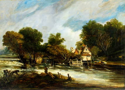 Antique 19C British oil painting: ARTIST: - (United Kingdom, 19 century) TITLE: Country River Landscape with Fishermen MEDIUM: oil on canvas CONDITION: Relined. Few small paint losses. Some craquelure. Som