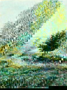 V Sever (Europe,20C) oil painting: ARTIST: V Sever (European, 20 century) TITLE: Summer Landscape MEDIUM: oil on canvas CONDITION: Unstretched (In-House stretching available). Would benefit from cleaning. No