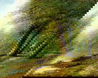 T C Carrey (US,19C) oil painting antique: ARTIST: T C Carrey (American, 19 century) TITLE: Forest River Landscape MEDIUM: oil on canvas CONDITION: Relined. Few minor scratches/paint losses. Minor craquelure. Some sc