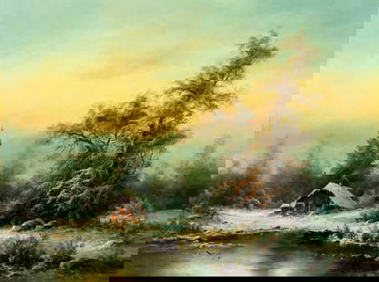 Ludwig Munninger (German,1929-1997) oil painting: ARTIST: Ludwig Munninger (Germany, 1929 - 1997) TITLE: Sunset Winter Landscape with Hut MEDIUM: oil on canvas CONDITION: Few minor scratches/paint losses. No visible inpaint under UV light.