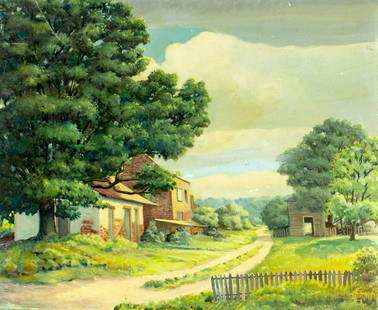 William Branks Stewart (LA,UK,1898-?) oil painting: ARTIST: William Branks Stewart (Louisiana, United Kingdom, 1898 - ???) TITLE: Country Landscape MEDIUM: oil on canvas board CONDITION: Some scratches/paint losses. No visi