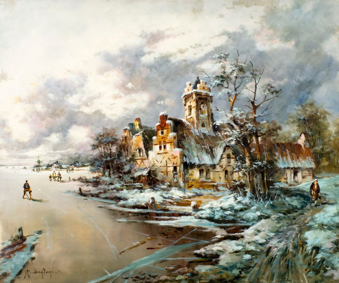 Scalvini (Europe,20C) oil painting: ARTIST: Scalvini (European, 20 century) TITLE: Winter Village Landscape MEDIUM: oil on canvas CONDITION: Unstretched (In-House stretching available). Minor paint losses. No