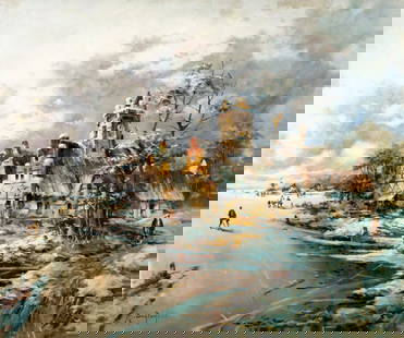 Scalvini (Europe,20C) oil painting: ARTIST: Scalvini (European, 20 century) TITLE: Winter Village Landscape MEDIUM: oil on canvas CONDITION: Unstretched (In-House stretching available). Minor paint losses. No visible inpaint under UV