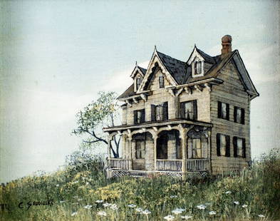 Carol Sadowski (IL,FL,1929-2024) oil painting: ARTIST: Carol Johnson Sadowski (Illinois, Florida, 1929 - 2024) TITLE: Landscape with Cottage MEDIUM: oil on canvas CONDITION: Very good. No visible inpaint under UV light. ART SIZE: 8 x 10 inches