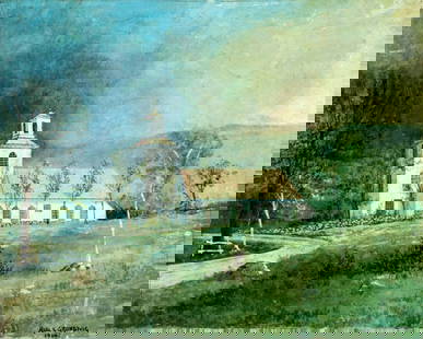 Axel Valdemar Grundtvig (Denmark,1867-1911) oil painting antique: ARTIST: Axel Valdemar Grundtvig (Danish, 1867 - 1911) TITLE: Church Landscape YEAR: 1910 MEDIUM: oil on canvas CONDITION: Relined. Some small scratches