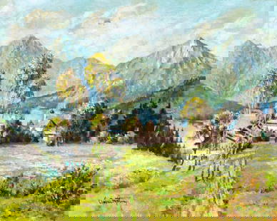 Antique early 20C European oil painting signed: ARTIST: - (European, early 20 century) TITLE: Mountain Lake Landscape MEDIUM: oil on canvas CONDITION: One small patch repair with corresponding inpainting. Some small pai